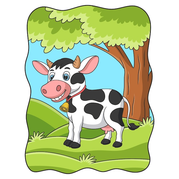 大きな木の下の森の真ん中で食べ物を求めて歩く牛の漫画イラスト