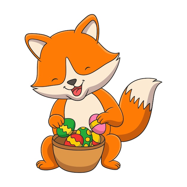 Карикатура на лису, держащую контейнер с разноцветными яйцами за кустом в лесу