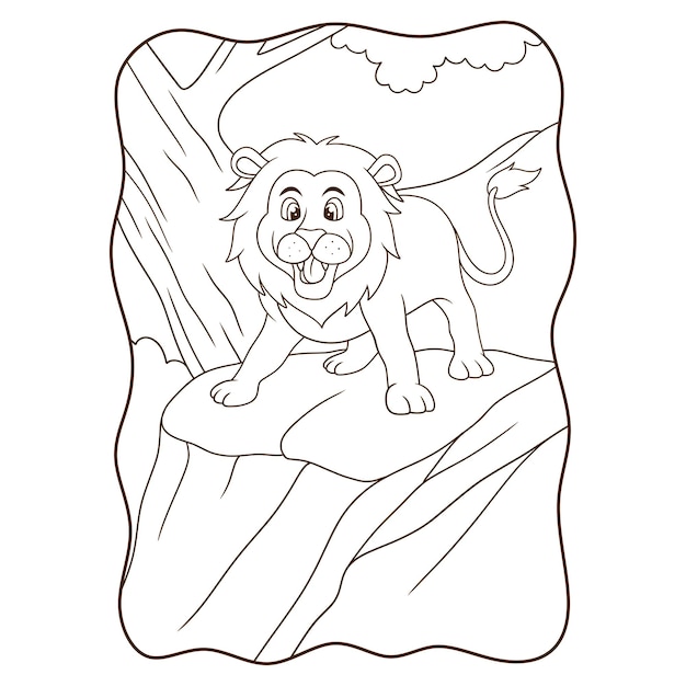 Карикатура иллюстрации льва, ревущего на скале посреди лесной книги или страницы для детей, черно-белые