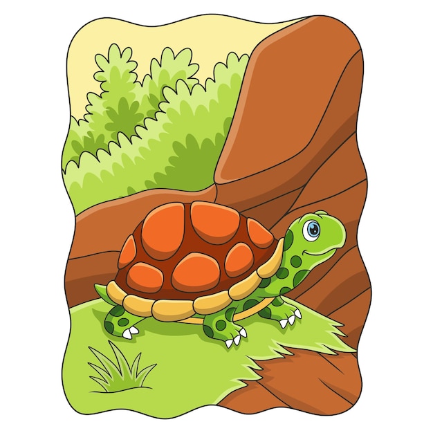 Вектор Карикатура на черепаху, идущую посреди луга на скале у реки