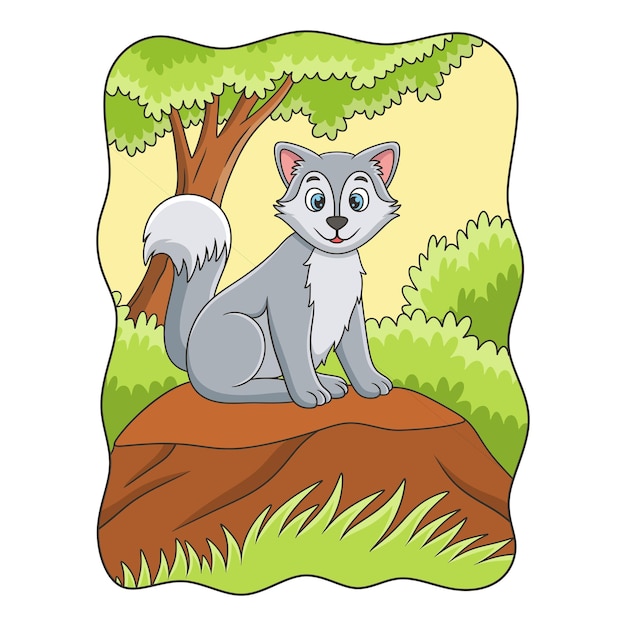 Вектор Карикатура на волка, хладнокровно сидящего на скале под большим деревом, чтобы насладиться утренним воздухом