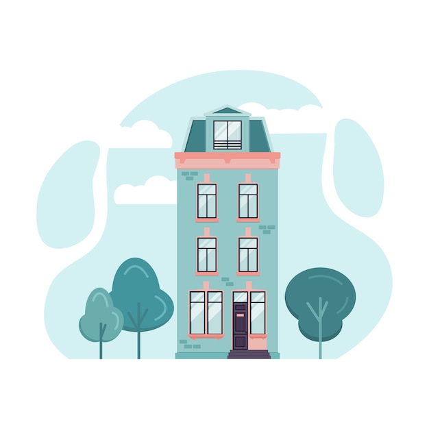 Cartoon illustration of Amsterdam tall house. 