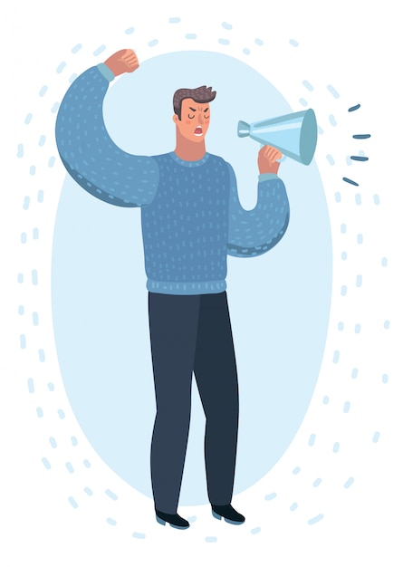  cartoon illustration of angry man with megaphone in his hand. Male characters and speakloaders. 