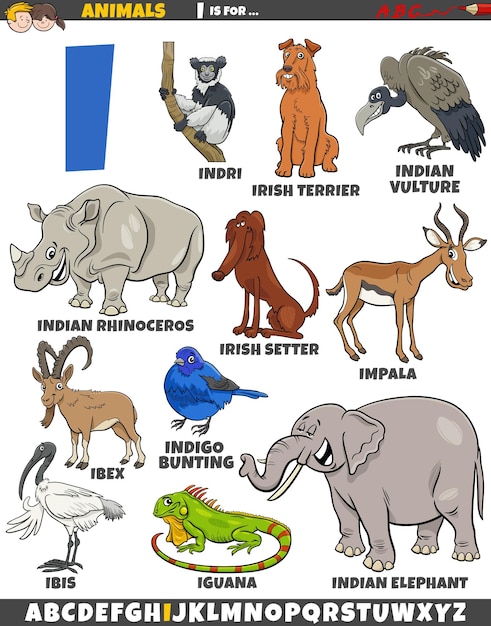 Cartoon illustration of animal characters set for letter I