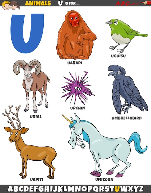 Cartoon illustration of animal characters set for letter u