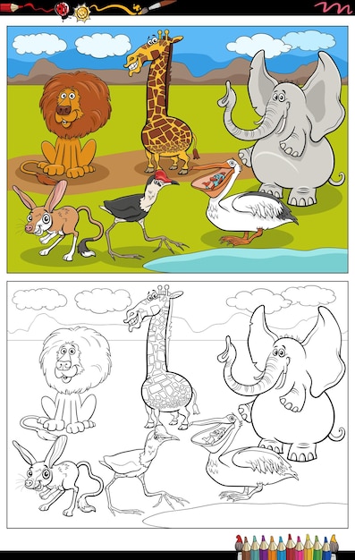 Карикатура иллюстрации животных комических персонажей группы раскраски страницы книги