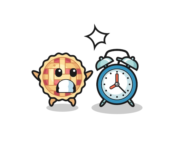 Vector cartoon illustration of apple pie is surprised with a giant alarm clock