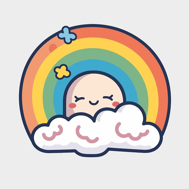 A cartoon illustration of a baby sleeping under a rainbow.