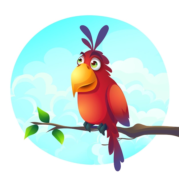 Cartoon illustration background of a funny parrot on a branch