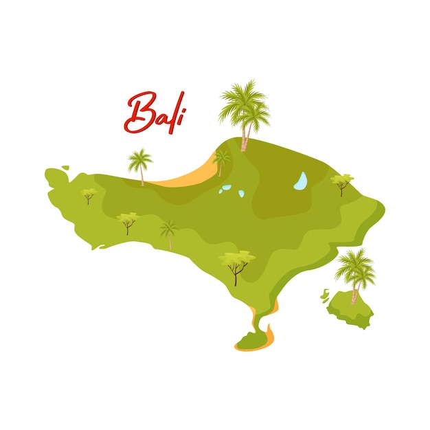 Illustrazione del fumetto della mappa di bali isola verde con palme e spiagge di sabbia elemento grafico per cartolina di viaggio o poster dell'agenzia turistica disegno vettoriale piatto isolato su sfondo bianco