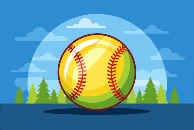 a cartoon illustration of a baseball with a blue sky and clouds