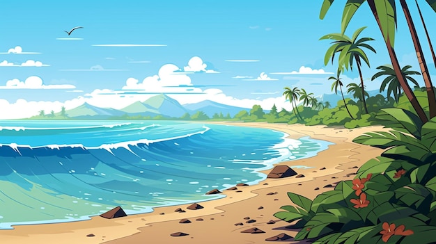 Vettore un'illustrazione a cartone animato di una scena sulla spiaggia con una palma e l'oceano sullo sfondo