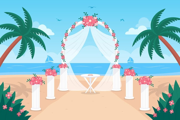a cartoon illustration of a beach scene with a table and chairs with flowers on it
