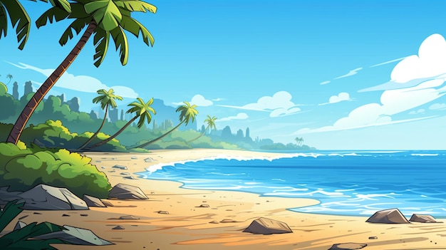 Vettore un'illustrazione di cartone animato di una scena di spiaggia con un'isola tropicale sullo sfondo