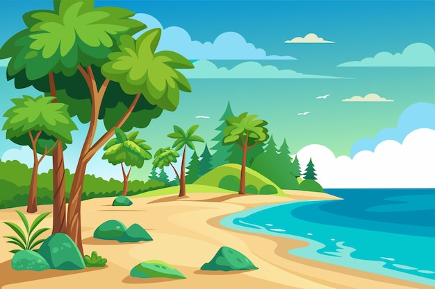 Vettore un'illustrazione a fumetti di una spiaggia con palme e l'oceano