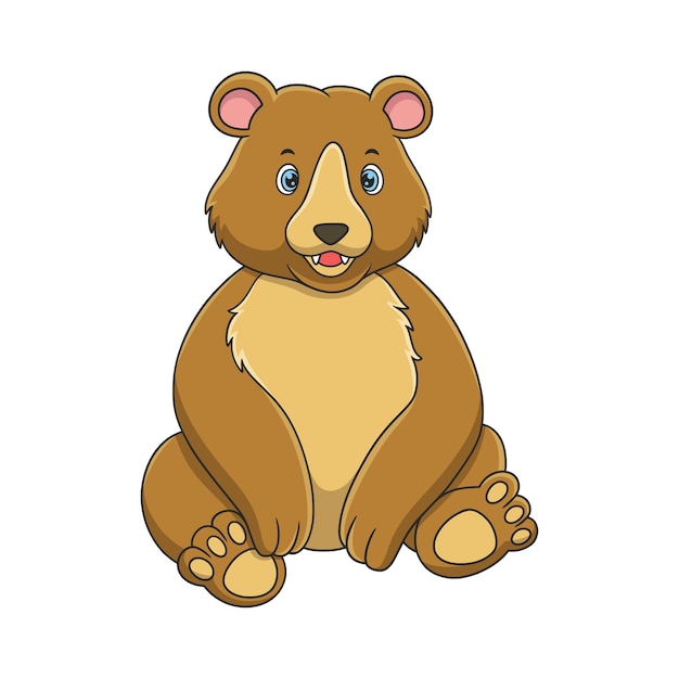 만화 그림 곰은 숲 한가운데에 있는 큰 쓰러진 나무 줄기 아래에 앉아 있다