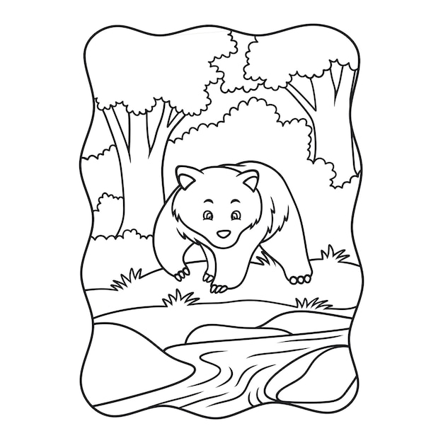 Cartoon illustration The bear is walking in the forest beside the river looking for food book or page for kids black and white