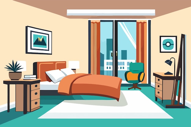 A cartoon illustration of a bedroom with a bed and a desk.