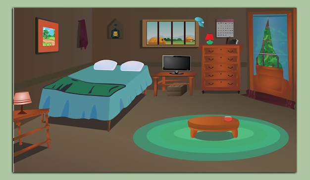 Vettore un'illustrazione di cartone animato di una camera da letto con un letto e una tv