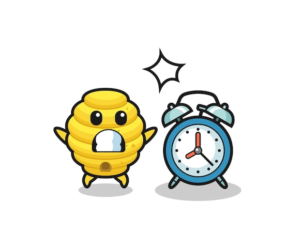 Cartoon illustration of bee hive is surprised with a giant alarm clock  cute design