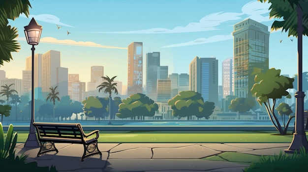 Vettore un'illustrazione a cartone animato di una panchina con una città sullo sfondo