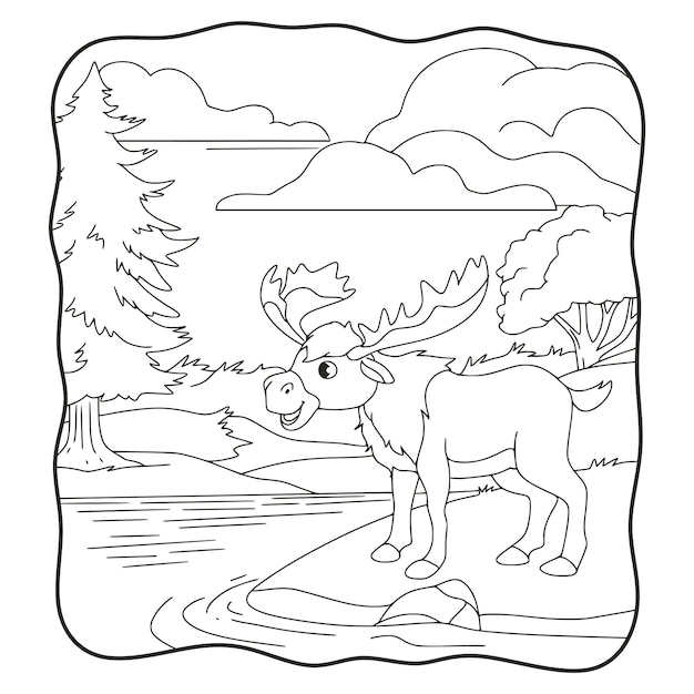 Cartoon illustration big deer standing by the river book or page for kids black and white