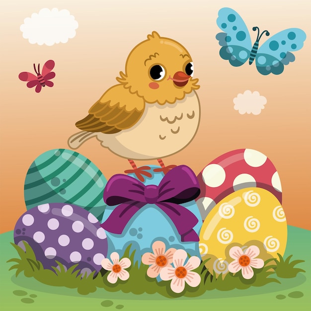 Vector a cartoon illustration of a bird sitting on a easter eggs