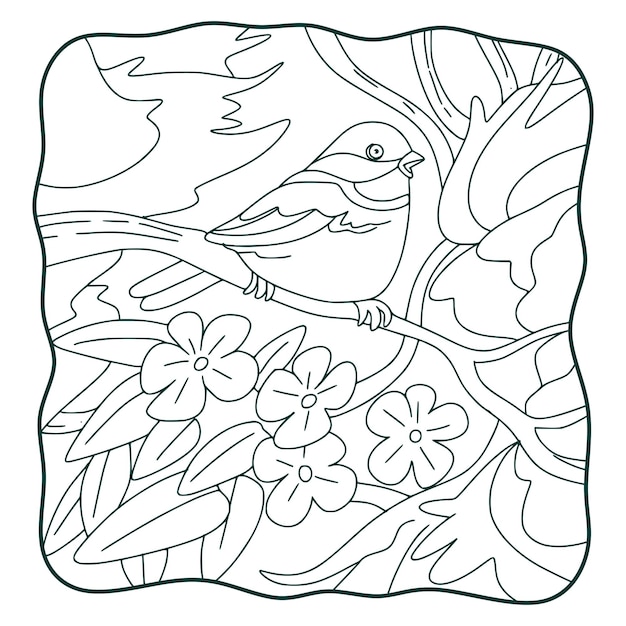 Cartoon illustrazione uccello sull'albero libro o pagina per bambini in bianco e nero