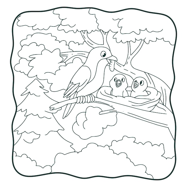 Illustrazione del fumetto gli uccelli portano cibo e posatoi sugli alberi libro o pagina per bambini in bianco e nero