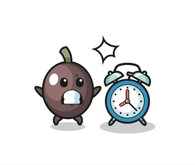 Vector cartoon illustration of black olive is surprised with a giant alarm clock