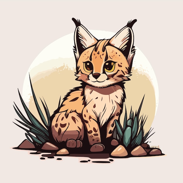 A cartoon illustration of a bobcat sitting in the grass