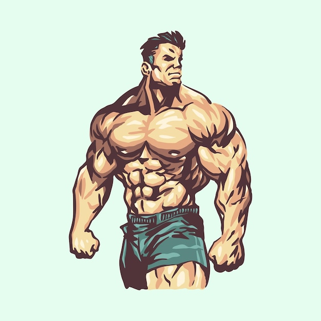 A cartoon illustration of a bodybuilder strongman with a big muscle