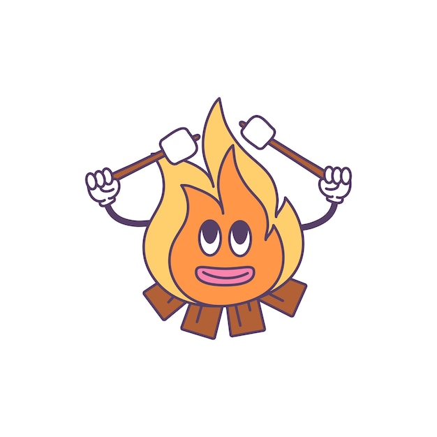 cartoon illustration of a bonfire, cute travel sticker