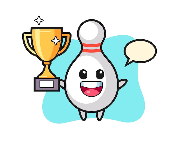 Cartoon Illustration of bowling pin is happy holding up the golden trophy