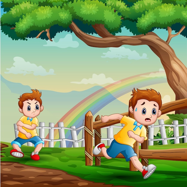 Cartoon illustration of boy bullying his friend