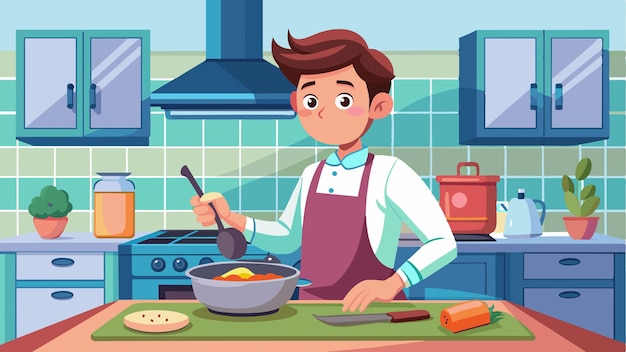 a cartoon illustration of a boy cooking in a kitchen with a knife and food