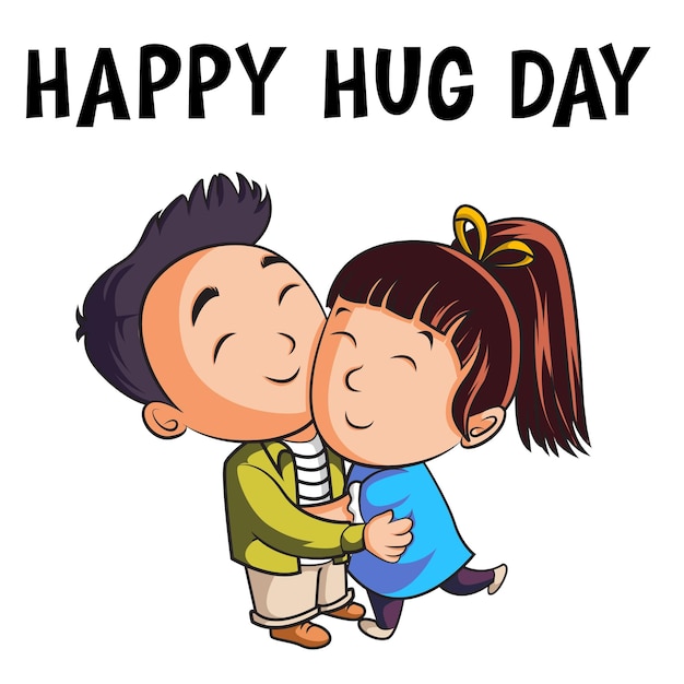 Cartoon illustration of boy and girl giving hug to each other saying happy hug day