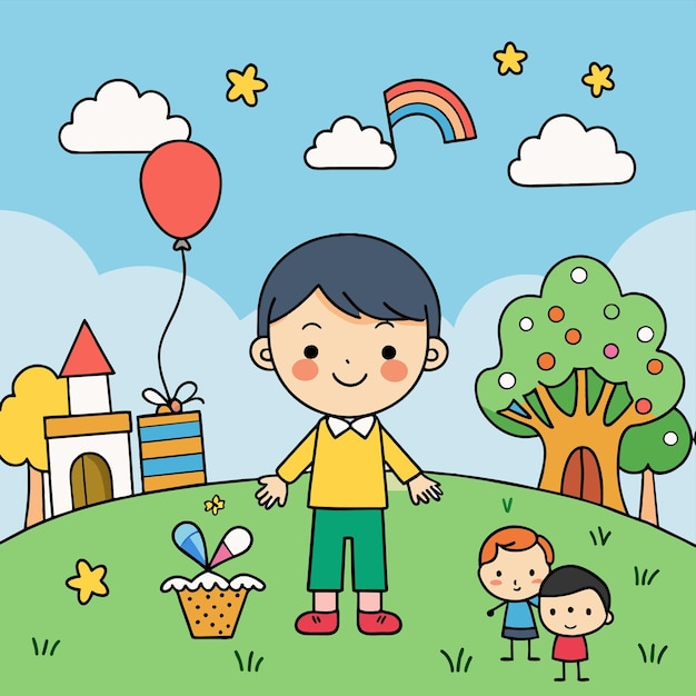 a cartoon illustration of a boy and a girl with balloons and a rainbow in the sky