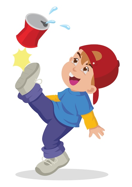 Cartoon illustration of a boy kicking an empty cans