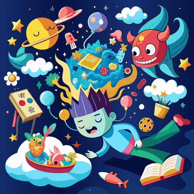 Vector a cartoon illustration of a boy and the planets with the word quot the quot the quot on it