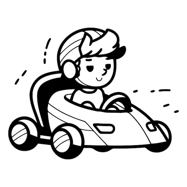 Illustrazione di cartone animato di un ragazzo che guida un'auto da corsa