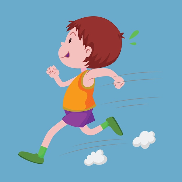 cartoon illustration of a boy running on blue background