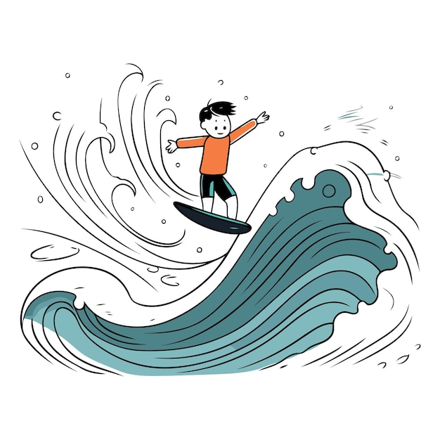 Cartoon illustration of a boy surfing on a wave