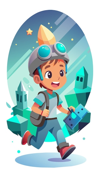a cartoon illustration of a boy with a backpack and goggles