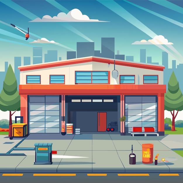 A cartoon illustration of a building with a modern garage in front