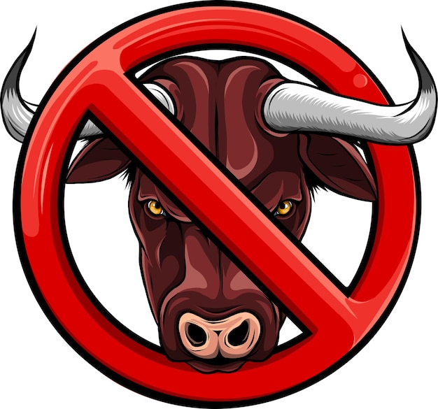 Cartoon illustration of a bull head in a red prohibition sign Ban on meat The danger of an aggressive ox Vector badge for stickers logos and your design