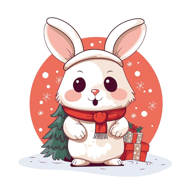 Vector a cartoon illustration of a bunny wearing a red scarf and holding a small christmas tree