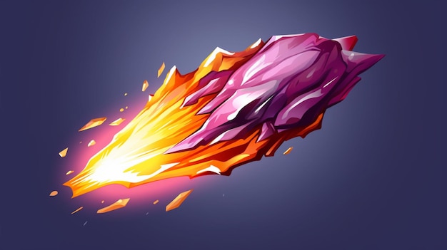 Vector a cartoon illustration of a burning flaming torch with a purple and purple flag in the background