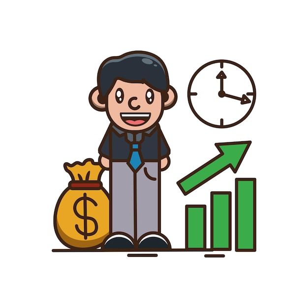 cartoon illustration of business man and money and stock and clock with white background