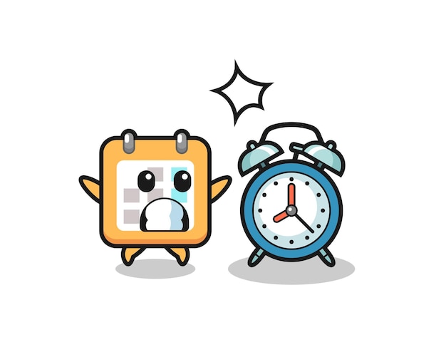 Vector cartoon illustration of calendar is surprised with a giant alarm clock